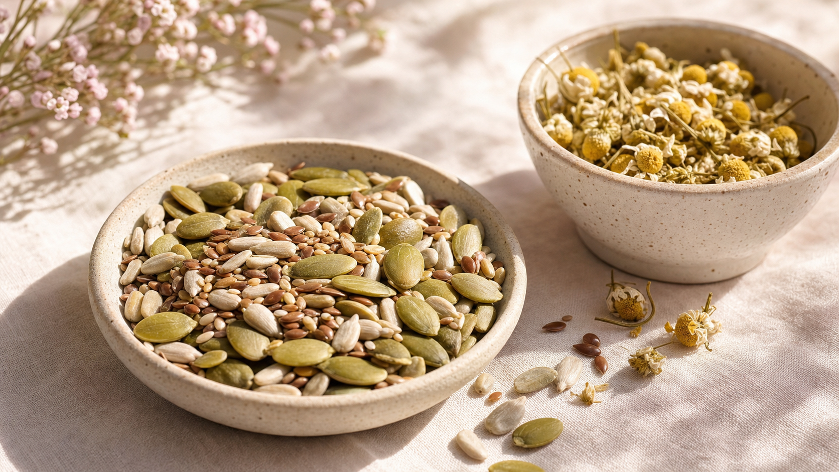Bowls of mixed seeds and dried chamomile flowers on a soft cream linen surface in warm natural light