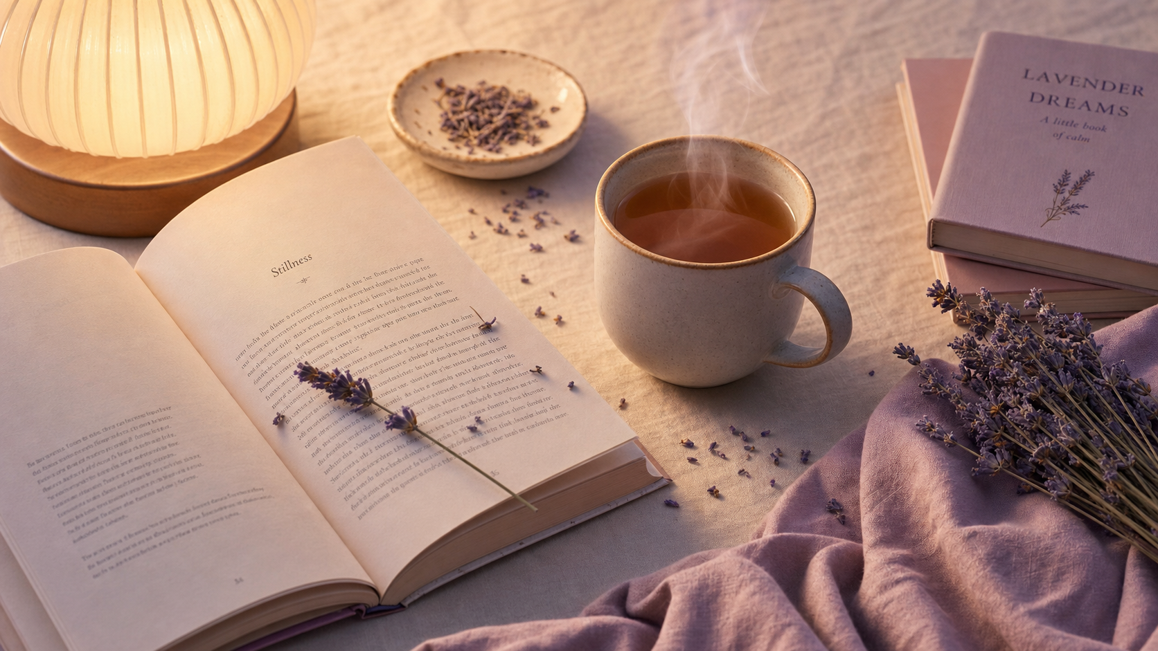 An open book, a steaming mug of tea, and dried lavender on a soft cream linen surface, lit by warm lamp light